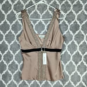Miguelina Camisole Top Women Medium Beige Blush Silk Beaded V Neck